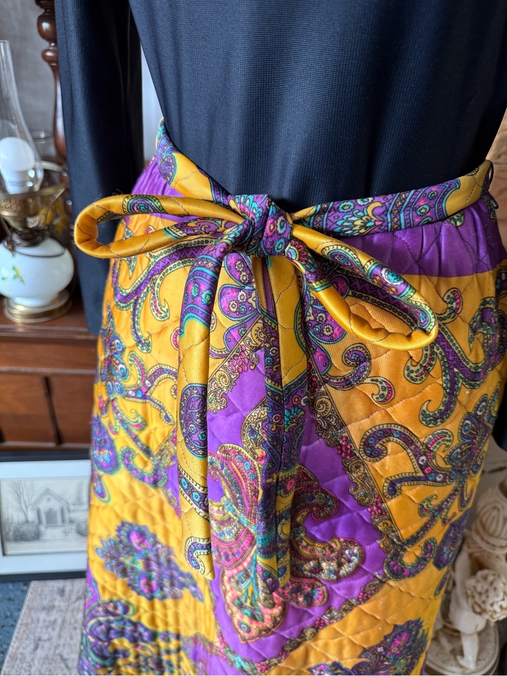 1960s Yellow & Purple Paisley Quilted Maxi Dress with Tie - Picture 3 of 6